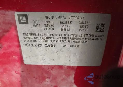 2017 Chevrolet Malibu 1Lt from USA, damaged, VIN 1G1ZE5ST2HF237099